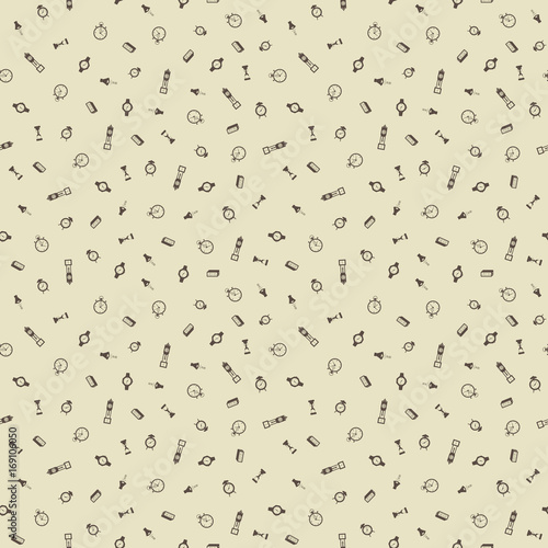 Time freehand drawings seamless pattern. Clocks pattern in doodle style. Hand drawn elements doodles design for wallpapers, wrapping, backgrounds. Vector illustration. Clock, hourglass, stopwatch.