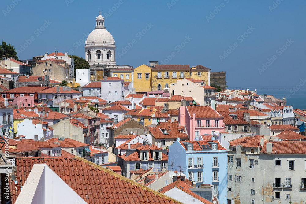 Colorful Houses in Lisbona and Dome of National Pantheon of Santa Engracia - Portugal