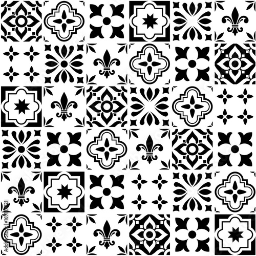 Geometric vector tile design, Portuguese or Spanish seamless black and white tiles, Azulejos pattern photo