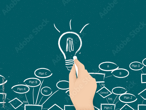 Hand drawing light bulb on blackboard