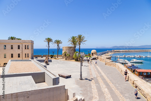 Alghero, Sardinia, Italy. A picturesque embankment, a medieval bastion, a boat port