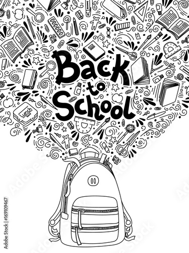 Stationery collection. Outline style. Back to school thin line vector doodle illustration template isolated on white background. Sketchy vector concepts with stationery for graphic design, web banner