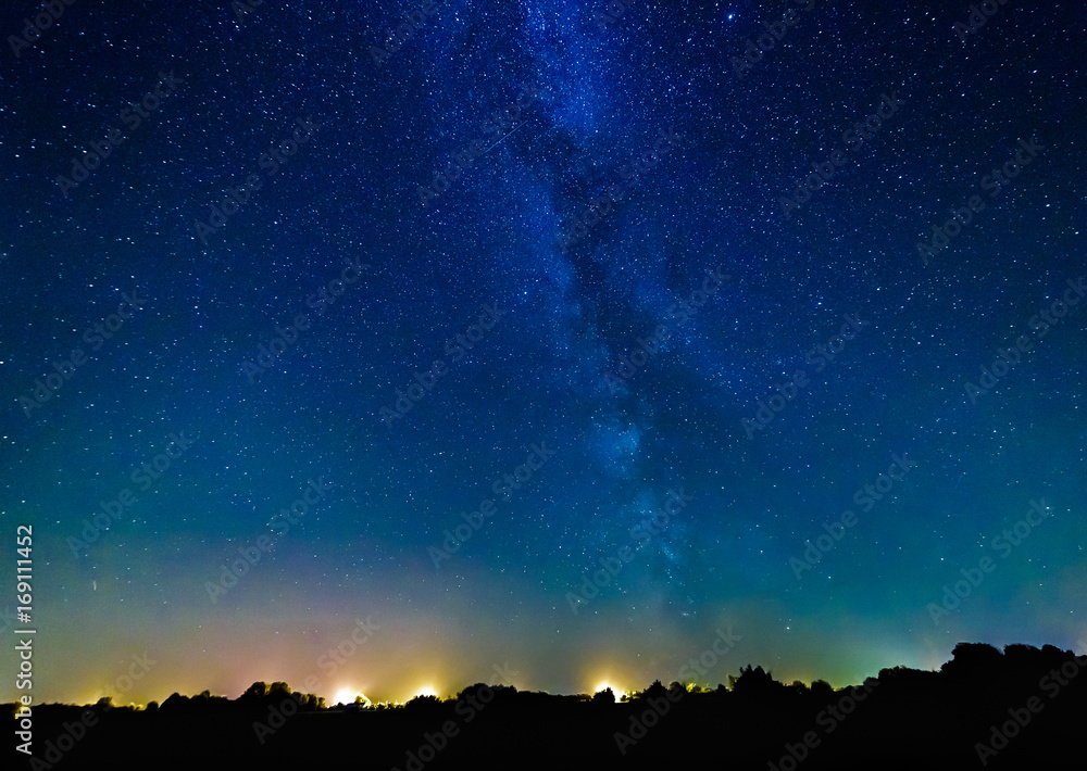 Milky way and stars above the village. Milky way and stars above the village.