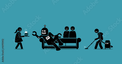 Human has become the servant for robot. The robot has become the master and make mankind its slave. Artwork illustration depicts AI, artificial intelligence, and machine taking over humanity.