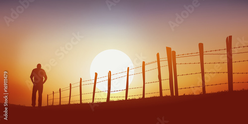 promenade - campagne - homme - marchant - chemin - seul - coucher de soleil