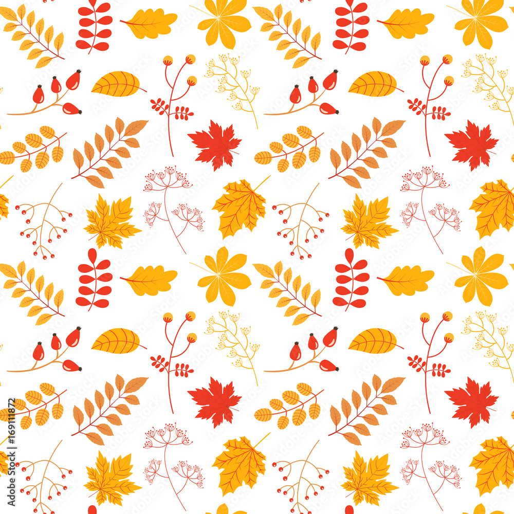 Autumn vector seamless pattern with colorful leaves and twigs in yellow and red colors for textile, clothing and paper design
