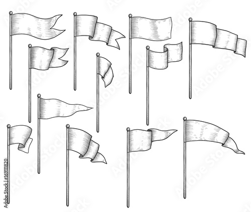 Flag illustration, drawing, engraving, ink, line art, vector