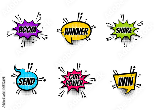 Lettering Girl power, winner, boom, share. Set comics book balloon. Bubble icon speech phrase. Cartoon exclusive font label tag expression. Comic text sound effects. Sounds vector illustration.