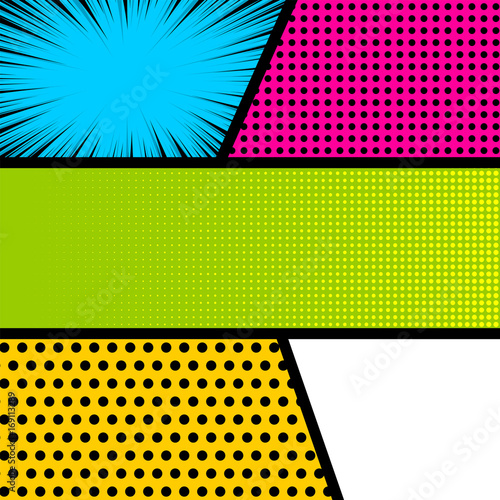 Pop art comics book magazine cover template. Cartoon funny vintage strip mock up. Vector halftone illustration. Blank rectangle for comic superhero text, speech bubble, message. Humor graphic.