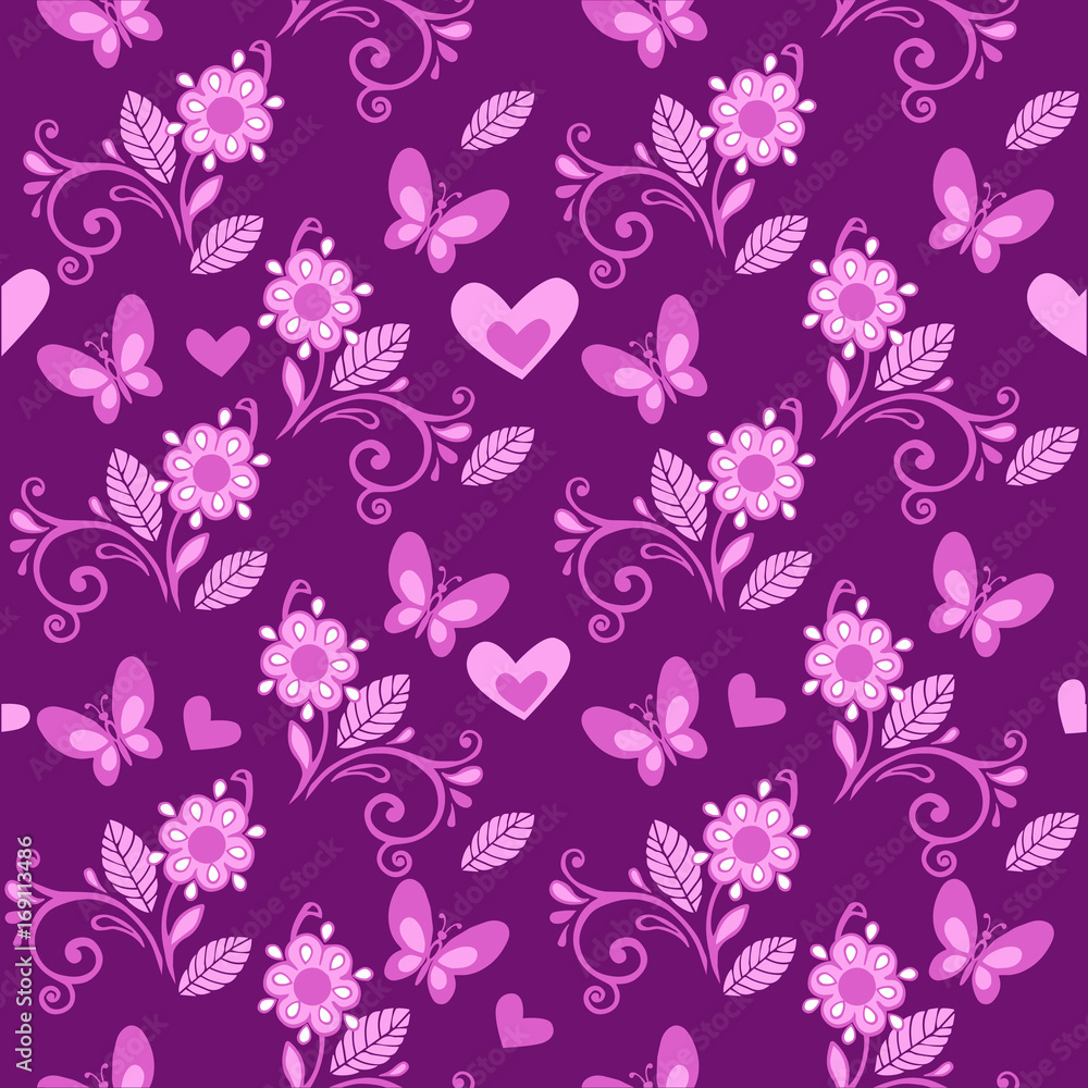 Flower pink pattern with butterflies and hearts Flower pink pattern with butterflies and hearts