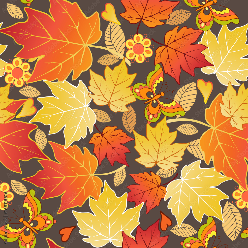 Seamless pattern with colorful autumn leaves and butterflies. Vector illustration