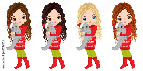Vector Cute Little Girls with Cats. Vector Christmas Girls