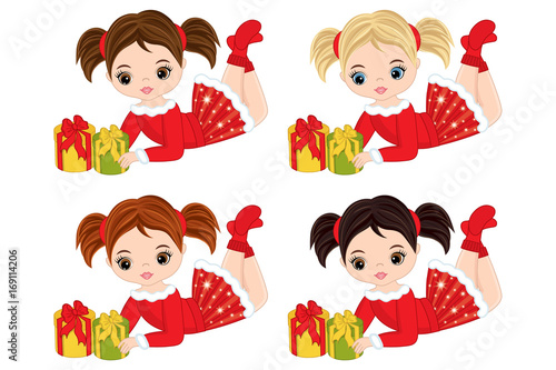 Vector Cute Little Girls with Christmas Gifts