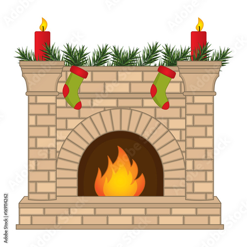 Vector Christmas Fireplace, Decorated with Socks and Candles