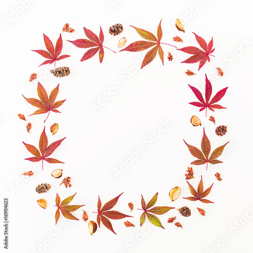 Autumn composition. Wreath frame made of autumn maple leaves, pine cones on white background. Flat lay, top view