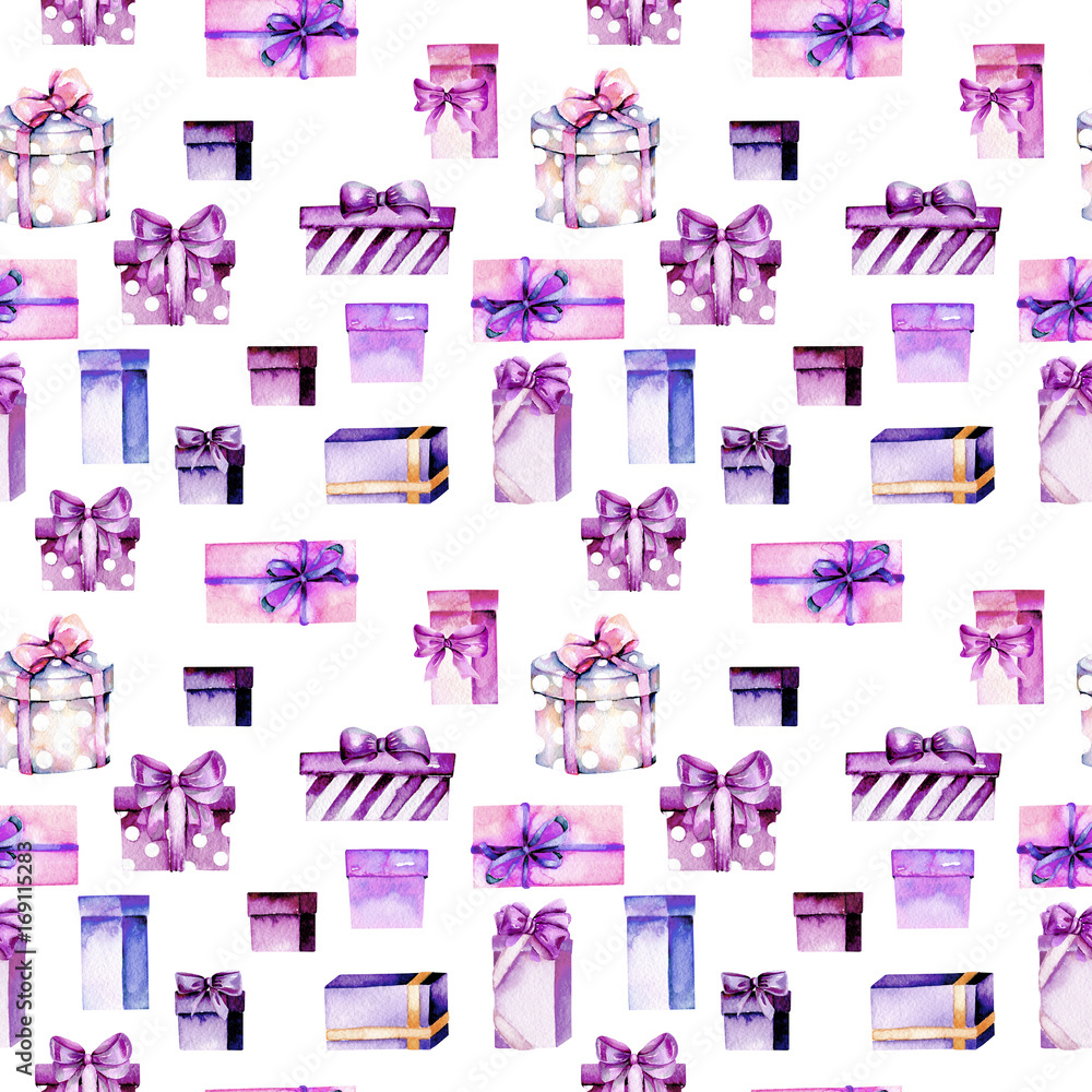 Seamless pattern with watercolor purple and pink gift boxes, hand painted on a white background Seamless pattern with watercolor purple and pink gift boxes, hand painted on a white background