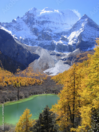 Xiannairi mountain in Yading National Nature Reserve, with lake and golden leaves in autumn © Purplexsu