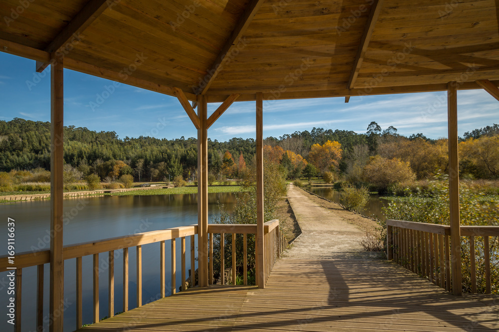 Landscape and Autumn exposure in a wooden deck done in Pateira de Fermentelos, portugal