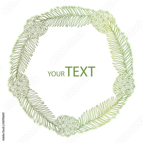 Vector round wreath with outline Sequoia or California redwood in pastel isolated on white background. Bunch of coniferous tree with pine and cones in contour style for botanical design.