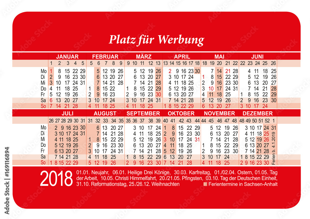 Kalender 2018 mit Anschnitt und Ferientermine in Sachsen-Anhalt  Stock-Vektorgrafik | Adobe Stock