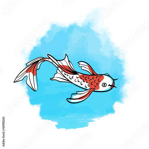 Japanese carp koi. Oriental symbol of good luck. Asian vector illustration on the background of blue watercolor spot, isolated on white.