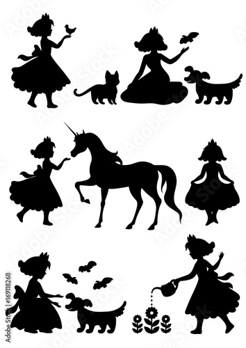 Vector set of silhouettes stroke, little princess with animals