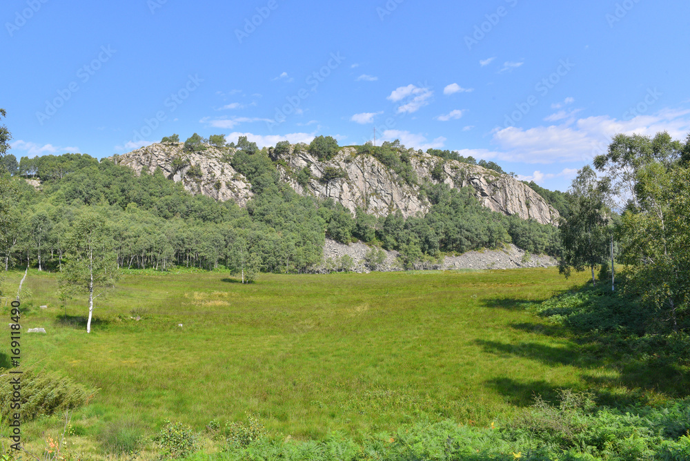 Panorama di una montagna collinare, con prato verde e cielo blu 