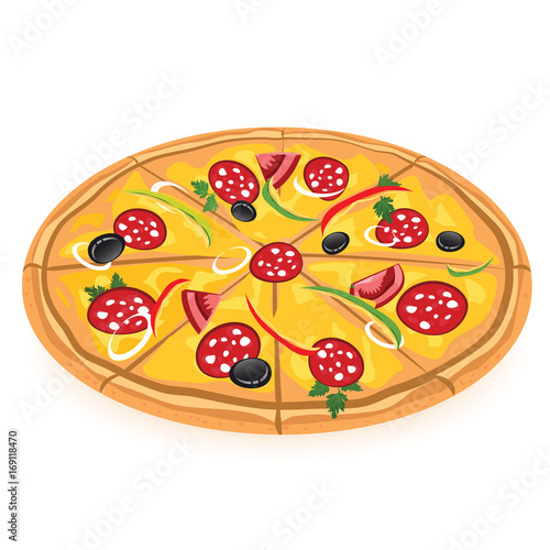 Vector illustration of pizza with salami, black olives, peppers and tomatoes 