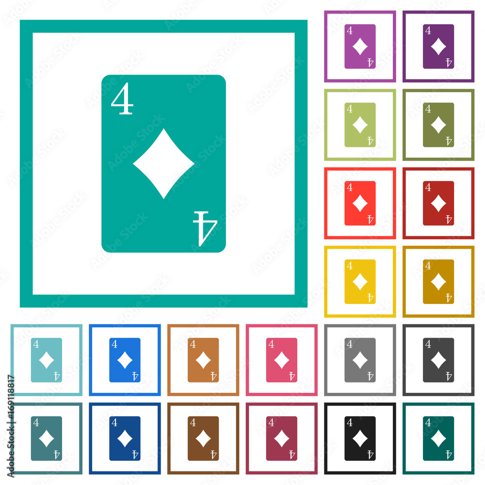 Four of diamonds card flat color icons with quadrant frames Four of diamonds card flat color icons with quadrant frames