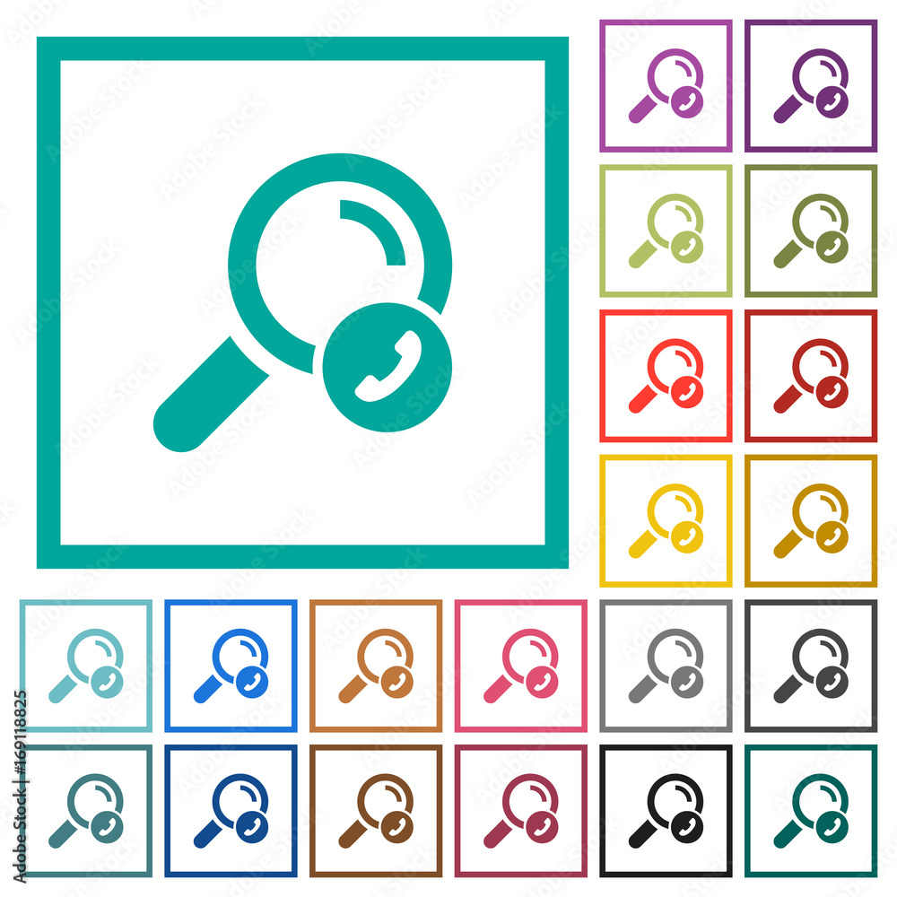 Search phone number flat color icons with quadrant frames