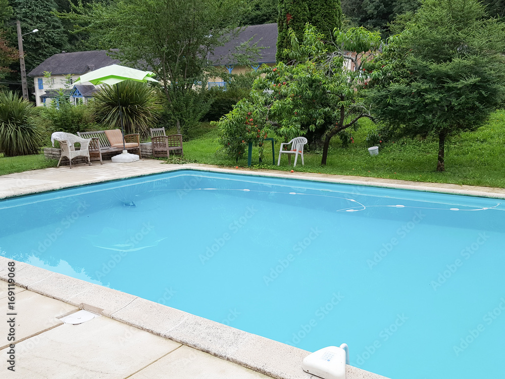 Outdoor swimming pool with blue water near the garden