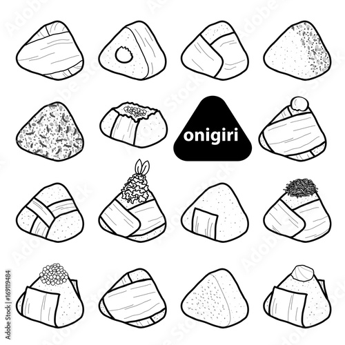 15 styles of isolated onigiri in black outline and white plane on white background. Japanese rice balls with nori seaweed in hand drawn style.