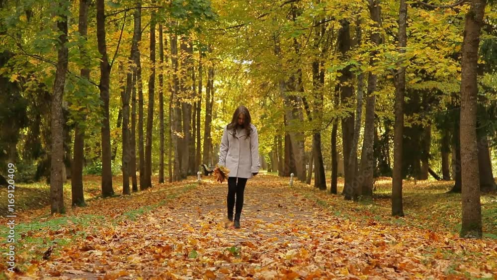 Pretty young women wandering in the park in autumn holding leaf bouquet turning around throwing leaves Pretty young women wandering in the park in autumn holding leaf bouquet turning around throwing leaves