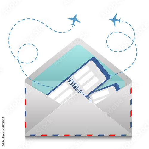 Vector drawing of an open envelope with airline tickets, vacation