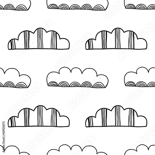 Decorative clouds. Black and white illustration, seamless pattern for coloring book, pages. Vector
