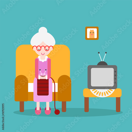 Vector drawing of a cute modern vector design, knits grandmother sitting in a chair