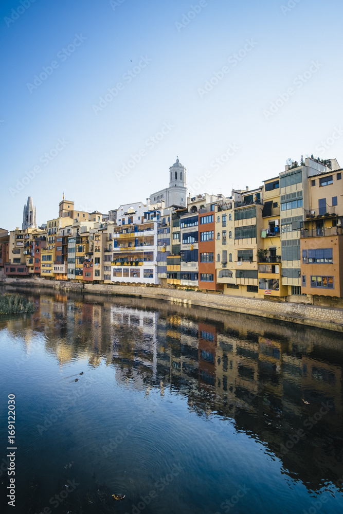 Houses in the river and Cathedral, famous landmark in Girona, Catalonia.