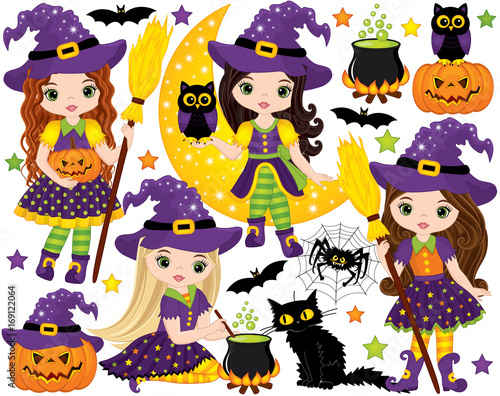 Vector Halloween Set with Cute Witches, Pumpkins, Owls, Spieder, Bats and Black Cat