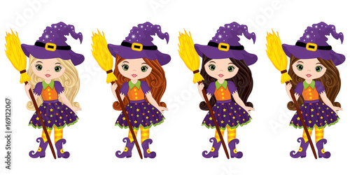 Vector Cute Little Witches with Broomsticks