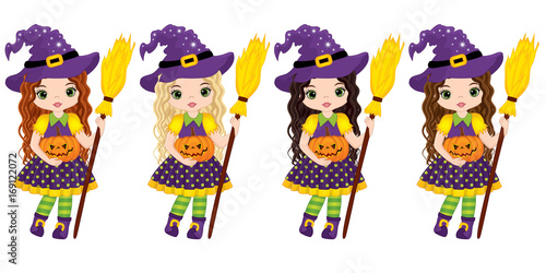 Vector Cute Little Witches with Broomsticks and Pumpkins