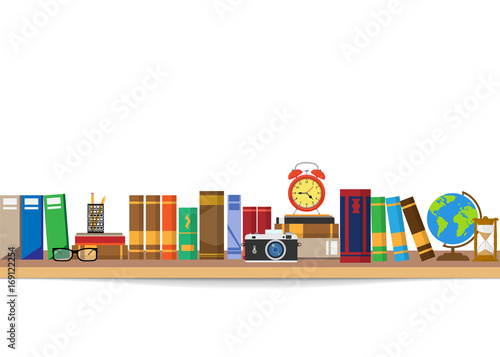 Book shelf. Bookstore indoor. Bookshelves with different books set. Home library interior. Reading and learning, knowledge and education.