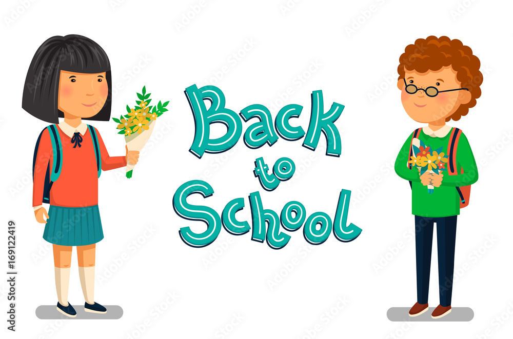 Vector Schoolboy and schoolgirl with Back to school text template. Happy Boy and girl with backpacks holding bouquets of flowers for their teacher. Elementary school students. Flat cartoon Vector Schoolboy and schoolgirl with Back to school text template. Happy Boy and girl with backpacks holding bouquets of flowers for their teacher. Elementary school students. Flat cartoon