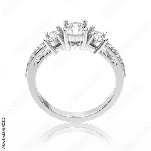 3D illustration white gold or silver decorative engagement three stone diamond ring with reflection on a white background