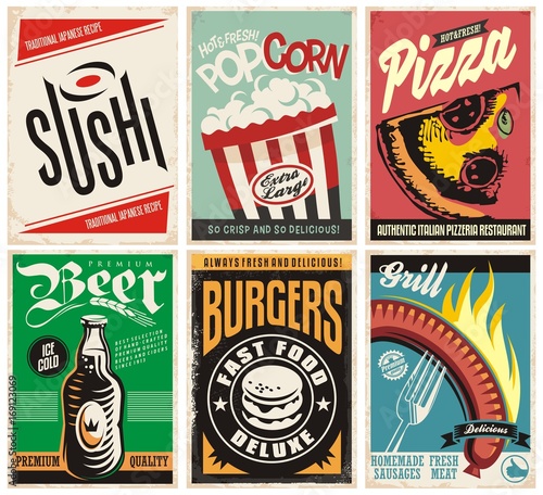 Food and drink posters collection. Pizza, popcorn, burgers, grill, beer and sushi.
