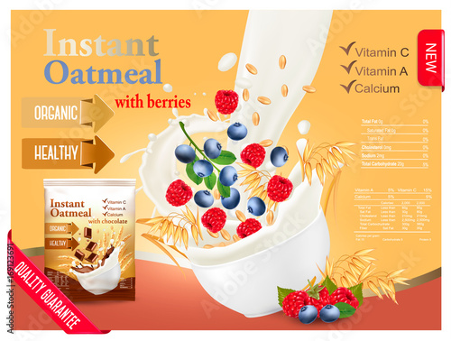 Instant oatmeal with raspberry and blueberry advert concept. Milk flowing into a bowl with grain and berries. Vector.