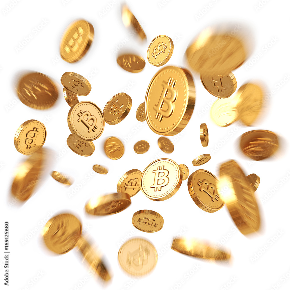 Golden Bitcoins explosion. Isolated on white background. 3d rendering. Golden Bitcoins explosion. Isolated on white background. 3d rendering.