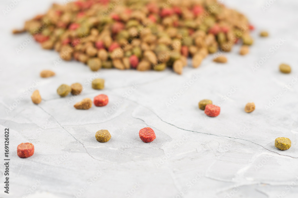 Single heap of dry coloured cat food and many scattered pellets on old gray concrete floor Single heap of dry coloured cat food and many scattered pellets on old gray concrete floor