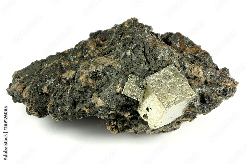 pyrite cubic crystals on bedrock from Norway isolated on white background pyrite cubic crystals on bedrock from Norway isolated on white background