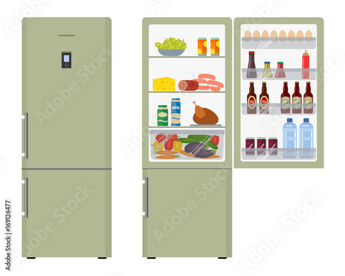 Green fridge with open doors, a full of food. Vector flat illustration.