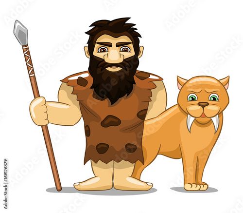 Caveman with saber toothed tiger isolated on white background, vector illustration.